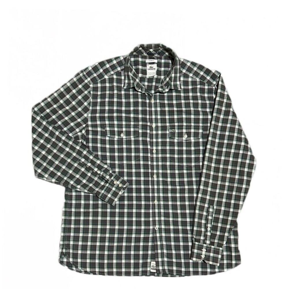 Lacoste Long Sleeve Button Down 2-Pockets Men's Size 44 Shirt Plaid Gray/Green